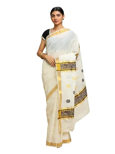 Manvish Drapes Pure Zari Woven Kerala Kasavu Saree with Zari Checked Body Butta Pallu (BLACK BUTTA)