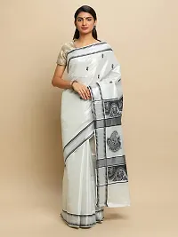 manvish drapes Women's Kasavu Cotton Saree With Blouse Piece (BT-11-1-OW_Silver)-thumb1