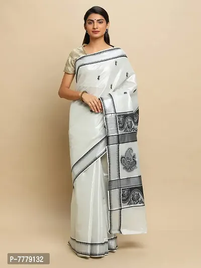 manvish drapes Women's Kasavu Cotton Saree With Blouse Piece (BT-11-1-OW_Silver)-thumb2