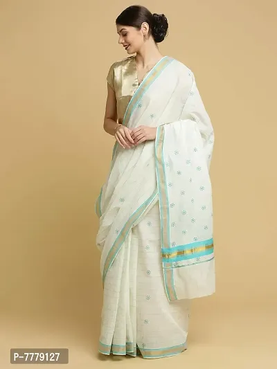 Women's Kasavu Cotton Saree With Blouse Piece (AMB-3-1-RE_Teal Blue)-thumb3