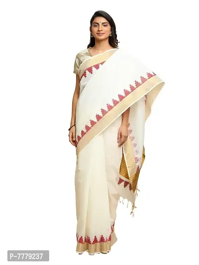 manvish drapes Women's Kasavu Cotton Saree With Blouse Piece (TSB-5-1-MOW_Off-White, Maroon)-thumb0