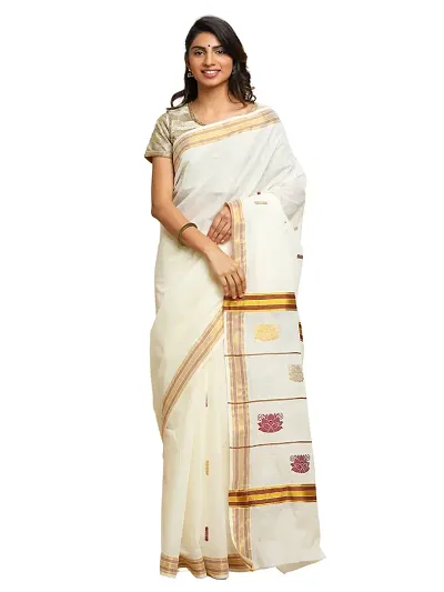 Manvish Drapes Pure Zari Woven Kerala Kasavu Saree with Zari Checked Body Butta Pallu (BLACK BUTTA)