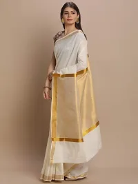 Women's Pure Cotton Body Plain Pallu Tissue Kerala Kasavu Saree with Blouse Piece (Off White-1)-thumb2