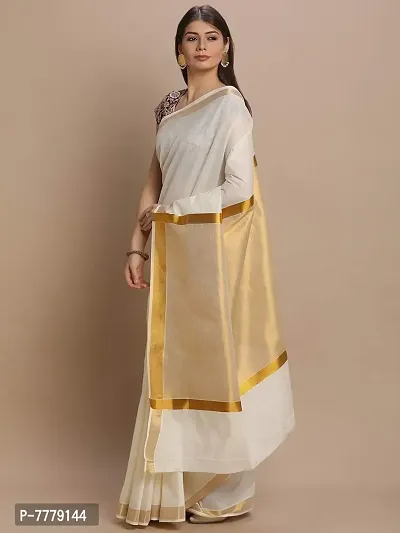 Women's Pure Cotton Body Plain Pallu Tissue Kerala Kasavu Saree with Blouse Piece (Off White-1)-thumb3