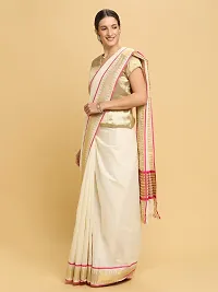 Manvish Drapes&nbsp;Plain Kerala Kasavu with Silver Temple Border (GOLD-RANI BORDER)-thumb2