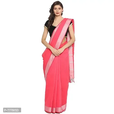 Women's Chanderi Slub Cotton Silver Border Saree with Blouse Piece (Pink)