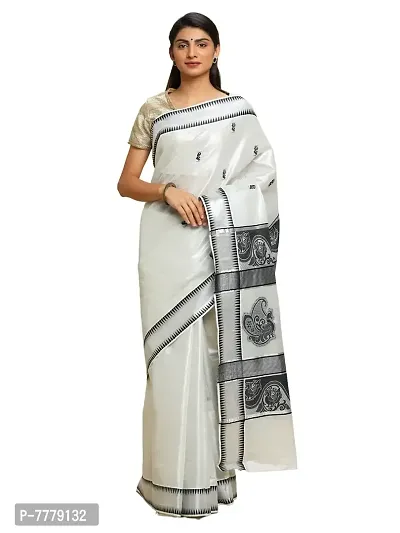 manvish drapes Women's Kasavu Cotton Saree With Blouse Piece (BT-11-1-OW_Silver)