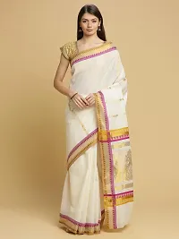 Women's Manvish Drapes Woven Temple Border Self Design Kasavu Pure Cotton Saree For All Occasions (Pink, Mustard)-thumb1