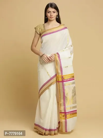 Women's Manvish Drapes Woven Temple Border Self Design Kasavu Pure Cotton Saree For All Occasions (Pink, Mustard)-thumb2