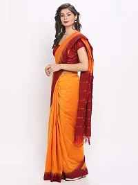 Women's Gadval Silk Cotton Plain Temple Border Saree with Blouse Piece (Mango-Maroon Border)-thumb2