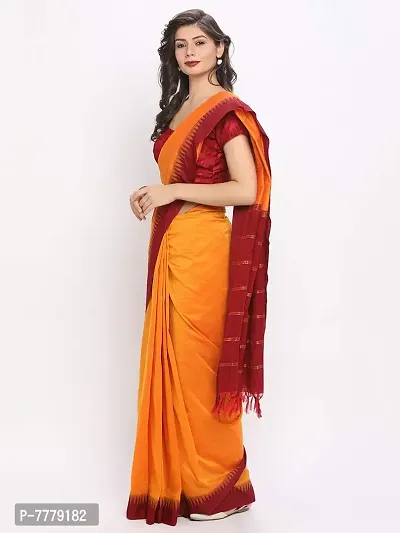 Women's Gadval Silk Cotton Plain Temple Border Saree with Blouse Piece (Mango-Maroon Border)-thumb3