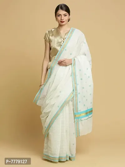 Women's Kasavu Cotton Saree With Blouse Piece (AMB-3-1-RE_Teal Blue)-thumb2