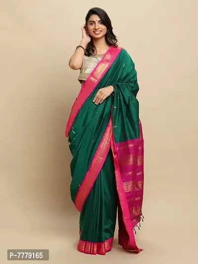 Manvish Drapes Women's Gadwal Gadwal Silk Cotton Saree With Blouse Piece (vt/1/3/lgr_green-rani)-thumb2