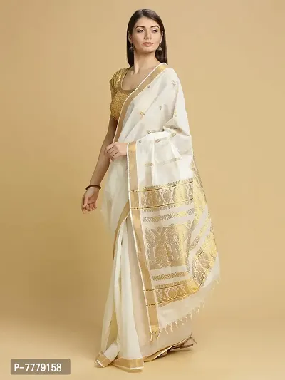 Women's Cotton Manvish Drapes Woven Pallu Design Kerala Kasavu Pure Cotton Saree (Off White)-thumb3