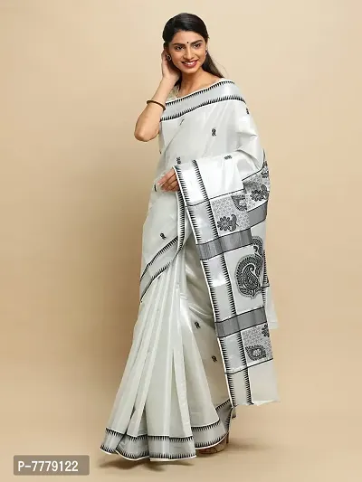 Manvish Drapes Pure Cotton Woven Kerala Kasavu Tissue Saree with Temple Border and Rich Jecord Pallu (MANGO PALLU)-thumb3