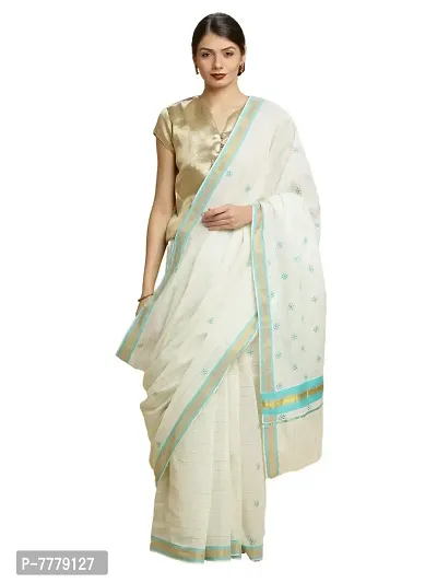 Women's Kasavu Cotton Saree With Blouse Piece (AMB-3-1-RE_Teal Blue)