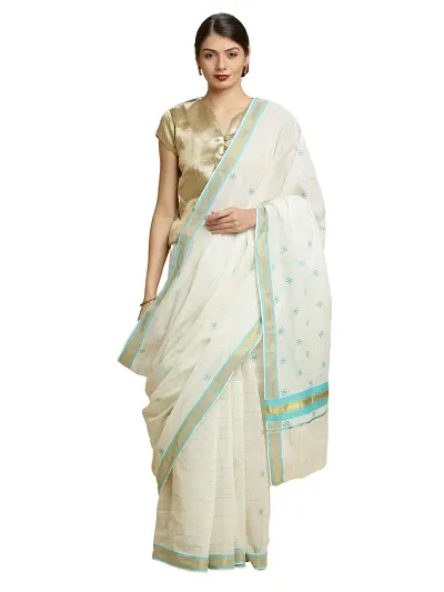 Women's Kasavu Saree With Blouse Piece (AMB-3-1-RE_Teal Blue)