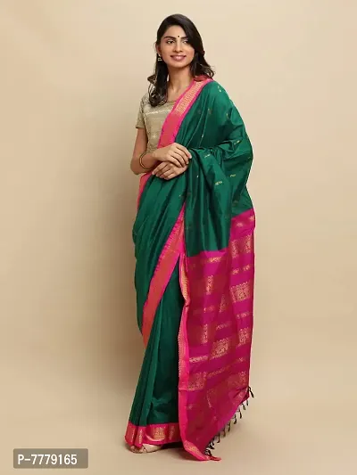 Manvish Drapes Women's Gadwal Gadwal Silk Cotton Saree With Blouse Piece (vt/1/3/lgr_green-rani)-thumb3