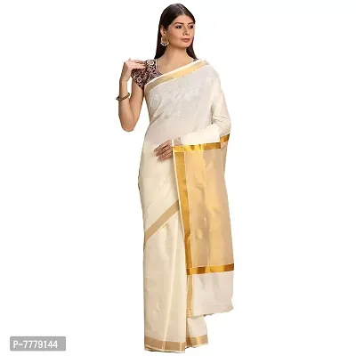 Women's Pure Cotton Body Plain Pallu Tissue Kerala Kasavu Saree with Blouse Piece (Off White-1)-thumb0