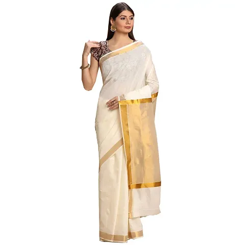 Women's Pure Body Plain Pallu Tissue Kerala Kasavu Saree with Blouse Piece (Off White-1)