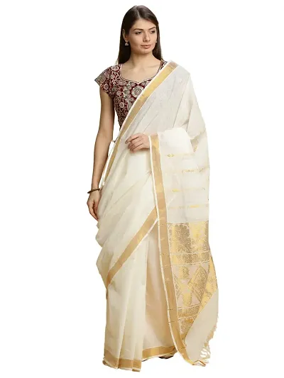 Women's Kasavu Saree With Blouse Piece (AMB-3-1-RE_Teal Blue)