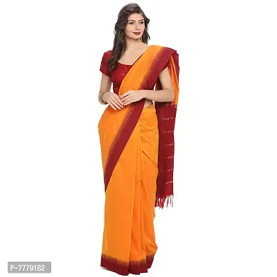 Women's Gadval Silk Cotton Plain Temple Border Saree with Blouse Piece (Mango-Maroon Border)-thumb0