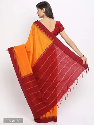 Women's Gadval Silk Cotton Plain Temple Border Saree with Blouse Piece (Mango-Maroon Border)-thumb4