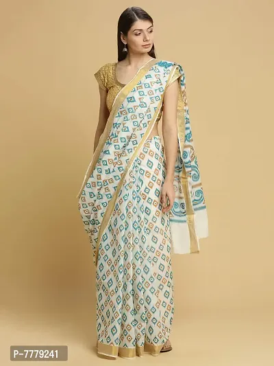 manvish drapes Women's Kasavu Cotton Saree With Blouse Piece (KMP-2-2-RAM_Off-White, Rama Mustard)-thumb2