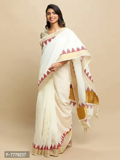 manvish drapes Women's Kasavu Cotton Saree With Blouse Piece (TSB-5-1-MOW_Off-White, Maroon)-thumb3