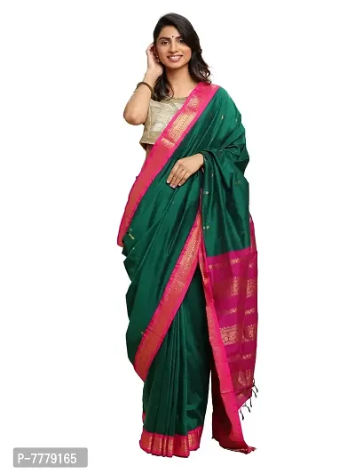 Manvish Drapes Women's Gadwal Gadwal Silk Cotton Saree With Blouse Piece (vt/1/3/lgr_green-rani)