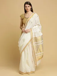 Women's Cotton Manvish Drapes Woven Pallu Design Kerala Kasavu Pure Cotton Saree (Off White)-thumb1