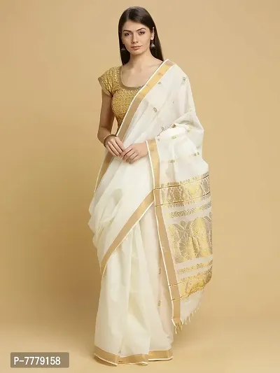 Women's Cotton Manvish Drapes Woven Pallu Design Kerala Kasavu Pure Cotton Saree (Off White)-thumb2