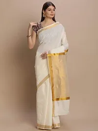 Women's Pure Cotton Body Plain Pallu Tissue Kerala Kasavu Saree with Blouse Piece (Off White-1)-thumb1