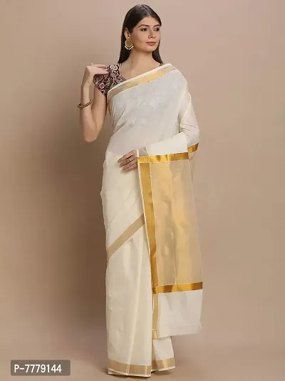 Women's Pure Cotton Body Plain Pallu Tissue Kerala Kasavu Saree with Blouse Piece (Off White-1)-thumb2