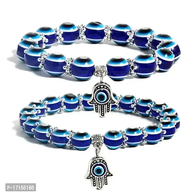 AJS Evil Eye Blue Beaded Hamsa Charm Stretch Bracelet Hand of Fatima Turkish Evil Eye Lucky Bracelet for Protection and Blessing