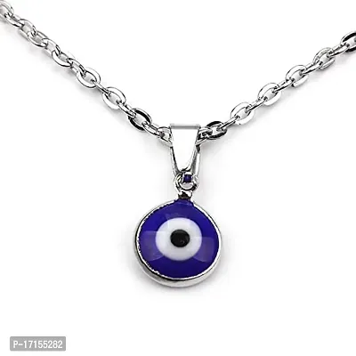 AJS Silver Leather Cord Glass Charm Evil Eye Pendant Necklace Blue Eyes Necklace for Women (Chain)