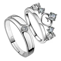 AJS Couple Rings Crown King Queen Stylish Valentine Jewellery American Diamond Adjustable Love Heart Silver Finger Ring Set Combo for Women Girls Men Boys Girlfriend Lovers-thumb1