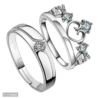 AJS Couple Rings Crown King Queen Stylish Valentine Jewellery American Diamond Adjustable Love Heart Silver Finger Ring Set Combo for Women Girls Men Boys Girlfriend Lovers-thumb2