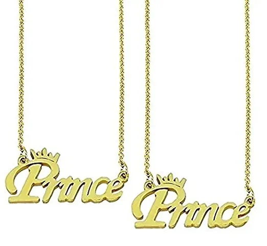 Uniqon (Set Of 2 Pcs) Color Fancy Stylish Trending Valentine's Day Special Metal Stainless Prince Name Letter Locket Pendant Necklace With Chain For Men's And Boy's Gift Jewellery Set