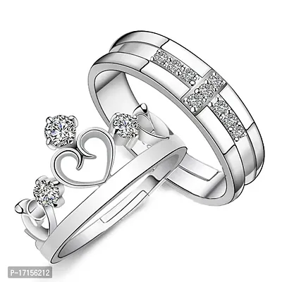 AJS Rhodium Plated Couple Ring Set With Cubic Zirconia and Crystal