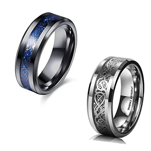 AJS Ring Men's Shine Rings Wedding Bands Ring for Men, Boy and women Grade 316 Stainless Jewelry Gift Comfort Fit(2pcs_silver-B.Blue Dragon Ring_21)