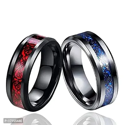 AJS Ring Men's Shine Rings Wedding Bands Ring for Men, Boy and women Grade 316 Stainless Steel Jewelry Gift Comfort Fit(2pcs_B.BLUE_Red Dragon Ring_19)