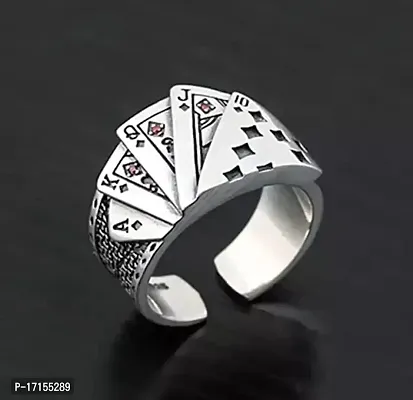 AJS Stainless Steel Ace King Queen Jack Playing Card Stylish Biker Adjustable Ring for Men Boys (Silver)-thumb2