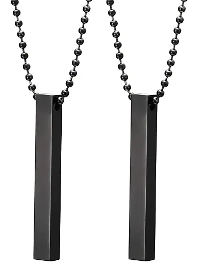 De-Ultimate (Set Of 2 Pcs) Unisex Metal 3D Vertical Bar Cuboid Stick Custom Name Locket Pendant Necklace With Chain Jewellery Set