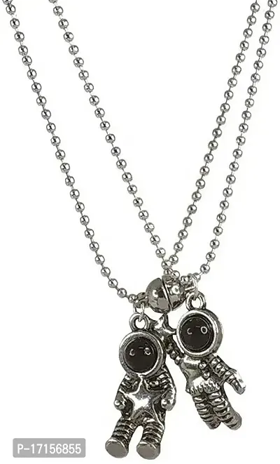 AJS Ball Magnet Astronaut Couple Lockets Stainless Steel Necklace Set