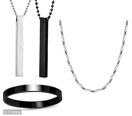 AJS Men's Stainless Steel Jewellery Set Combo Pack of 2 Cuboid Vertical Bar Pendant With 1 Rhodium Plated Rice Shape Link Neck Chain And 1 Black Finish Full Kada Bracelet For Boys and Men-thumb0