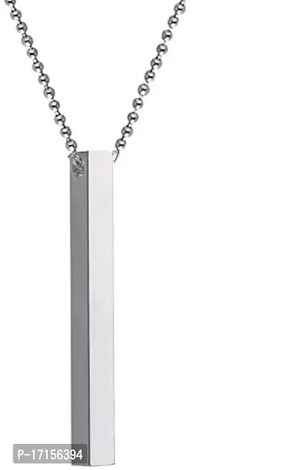 AJS Unisex Adult Metal Fancy  Stylish Silver 3D Vertical Bar Cuboid Locket Pendants with Chain