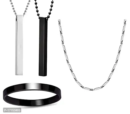 AJS Men's Stainless Steel Jewellery Set Combo Pack of 2 Cuboid Vertical Bar Pendant With 1 Rhodium Plated Rice Shape Link Neck Chain And 1 Black Finish Full Kada Bracelet For Boys and Men