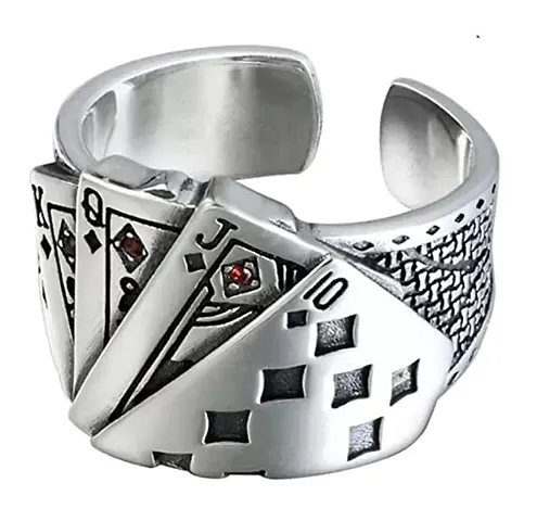 6Pillars Stainless Ace King Queen Jack Playing Card Stylish Biker Adjustable Ring for Men Boys (Silver)