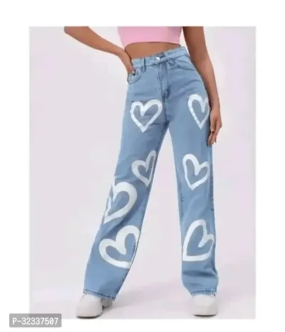 Fresh Fun Sky Blue Heart Print Jeans for Women-thumb0